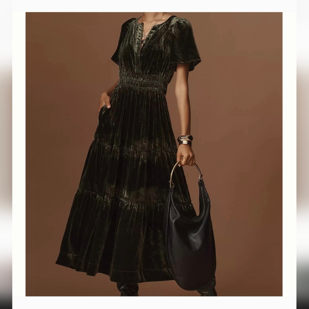 Anthropologie SOMERSET Green Velvet Maxi Dress